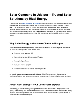 Solar Company in Udaipur – Trusted Solar Solutions by Rizel Energy