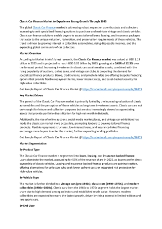 Classic Car Finance Market to Experience Strong Growth Through 2033