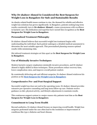 Why Dr shabeer Ahmed Is Considered the Best Surgeon for Weight Loss in Bangalore for Safe and Sustainable Results