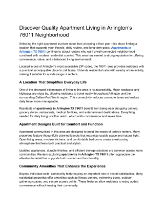 Discover Quality Apartment Living in Arlington’s 76011 Neighborhood