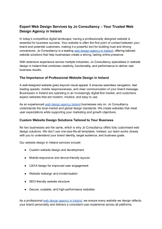 Expert Web Design Services by Jo Consultancy – Your Trusted Web Design Agency in Ireland