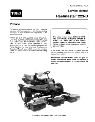 Toro Reelmaster 223-D Mower Service Repair Manual Instant Download