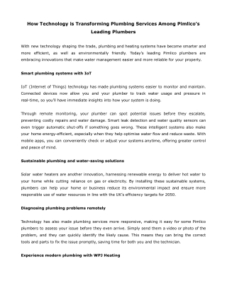 How Technology is Transforming Plumbing Services Among Pimlico’s Leading Plumbers