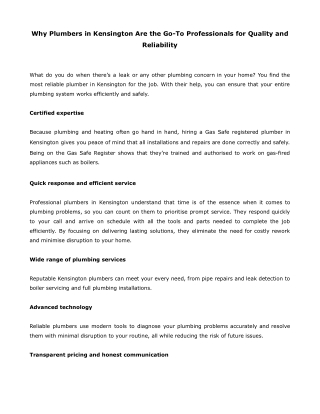 Why Plumbers in Kensington Are the Go-To Professionals for Quality and Reliability