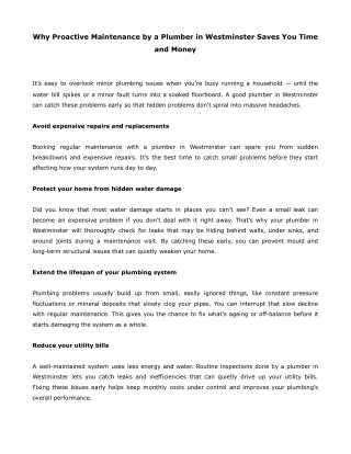 Why Proactive Maintenance by a Plumber in Westminster Saves You Time and Money