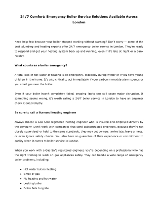 24 -7 Comfort- Emergency Boiler Service Solutions Available Across London