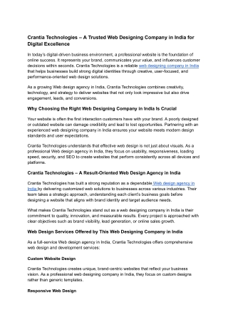 Crantia Technologies – A Trusted Web Designing Company in India for Digital Excellence