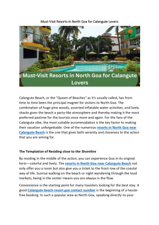 Must-Visit Resorts in North Goa for Calangute Lovers