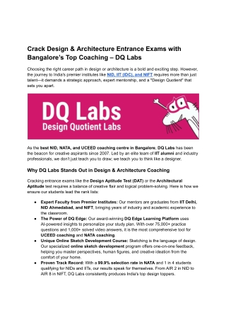 Crack Design & Architecture Entrance Exams with Bangalore’s Top Coaching – DQ Labs