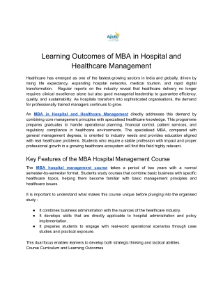 Learning Outcomes of MBA in Hospital and Healthcare Management
