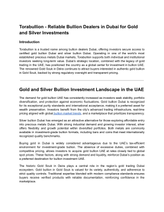 Torabullion - Reliable Bullion Dealers in Dubai for Gold and Silver Investments