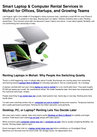 Smart Laptop & Computer Rental Services in Mohali for Offices, Startups, and Growing Teams