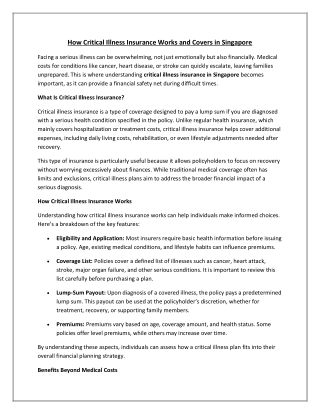 How Critical Illness Insurance Works and Covers in Singapore