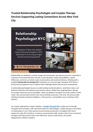 Trusted Relationship Psychologist and Couples Therapy Services Supporting Lasting Connections Across New York City