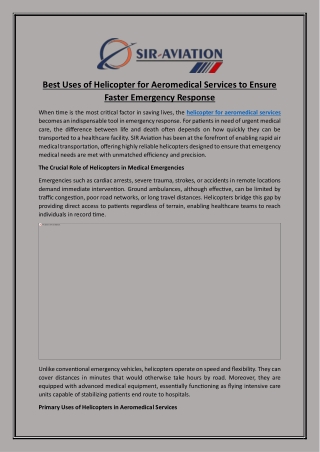 Best Uses of Helicopter for Aeromedical Services to Ensure Faster Emergency Resp