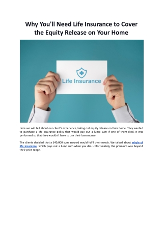 Why You'll Need Life Insurance to Cover the Equity Release on Your Home