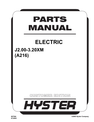 Hyster A216 (J2.00-3.20XM) Forklift Parts Catalogue Manual Instant Download