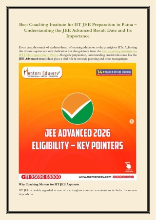 Best Coaching Institute for IIT JEE Preparation in Patna – Understanding the JEE Advanced Coaching and Its Importance