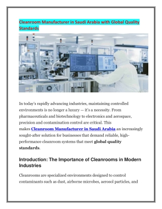Cleanroom Manufacturer in Saudi Arabia with Global Quality Standards