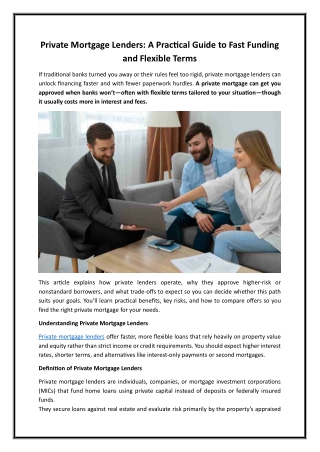 Private Mortgage Lenders A Practical Guide to Fast Funding and Flexible Terms