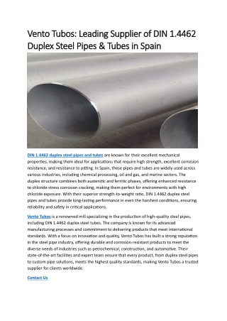 Vento Tubos: Leading Supplier of DIN 1.4462  Duplex Steel Pipes & Tubes in Spain
