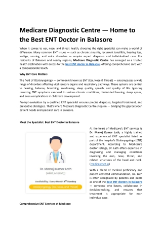 Medicare Diagnostic Centre — Home to the Best ENT Doctor in Balasore