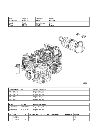 Volvo EC220D L, EC220D LR, EC220D N, EC220D NL Excavator Parts Catalogue Manual Instant Download (SN 210001 and up)