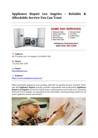 A1 Appliance Repair Inc - Appliance Repair Los Angeles