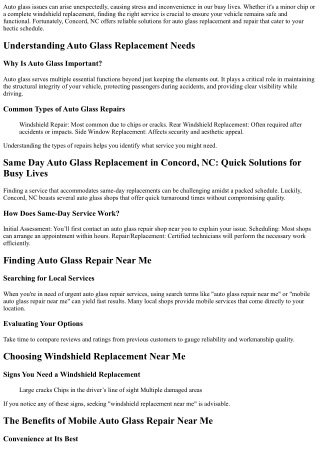 Same Day Auto Glass Replacement in Concord, NC: Quick Solutions for Busy Lives