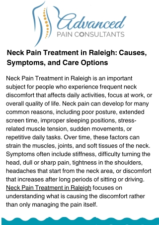 Neck Pain Treatment in Raleigh: Causes, Symptoms, and Care Options