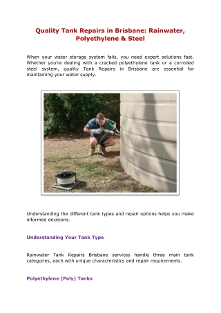 Quality Tank Repairs in Brisbane: Rainwater, Polyethylene & Steel