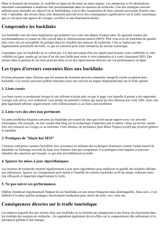 Les impacts des erreurs de backlinks sur le trafic touristique