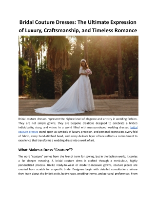 Bridal Couture Dresses: The Ultimate Expression of Luxury, Craftsmanship, and Timeless Romance