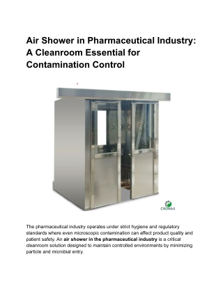 Pharmaceutical Cleanroom Air Shower Manufacturer | Cronax Industries