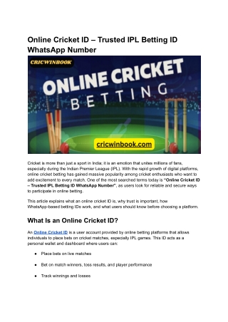 Online Cricket ID – Trusted IPL Betting ID WhatsApp Number
