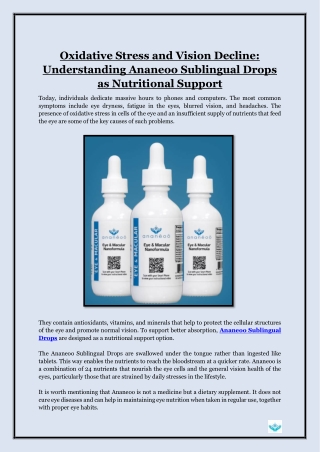 Oxidative Stress and Vision Decline- Understanding Ananeoo Sublingual Drops as Nutritional Support