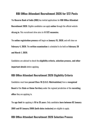 RBI Office Attendant Receruitment 2026 for 572 Posts