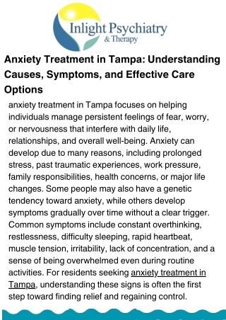 Anxiety Treatment in Tampa: Understanding Symptoms, Causes, and Care Options