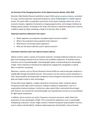 Optical Ceramics Market Growth Outlook Shows Strong CAGR Momentum Through the Fo