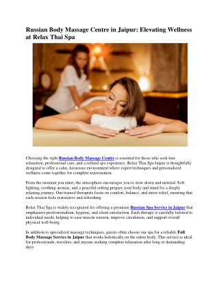 Russian Body Massage Centre in Jaipur Elevating Wellness at Relax Thai Spa