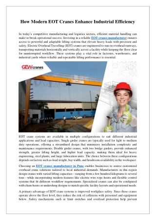 How Modern EOT Cranes Enhance Industrial Efficiency