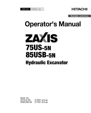 HITACHI ZAXIS 75US-5N 85USB-5N HYDRAULIC EXCAVATOR Operator Manual Instant Download