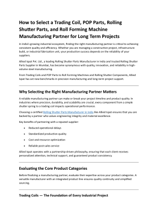 How to Select a Trading Coil, POP Parts, Rolling Shutter Parts, and Roll Forming