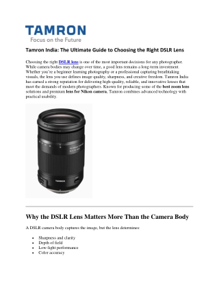 Tamron India choosing the right DSLR Lens