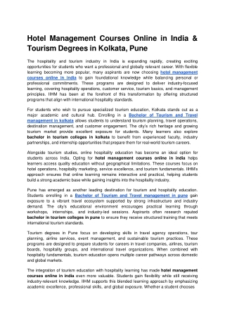 Hotel Management Courses Online in India & Tourism Degrees in Kolkata, Pune