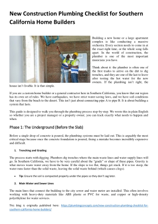 New Construction Plumbing Checklist for Southern California Home Builders