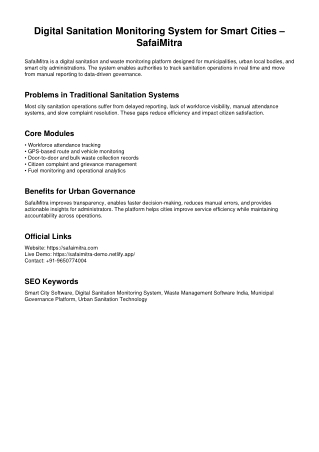 Digital Sanitation Monitoring System for Smart Cities | SafaiMitra