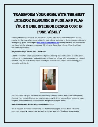 Transform Your Home with the Best Interior Designer in Pune and Plan Your 3 BHK Interior Design Cost in Pune Wisely