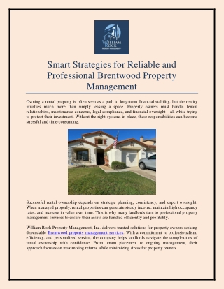 Smart Strategies for Reliable and Professional Brentwood Property Management