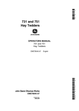 John Deere 731 and 751 Hay Tedders Operator’s Manual Instant Download (Publication No.ome78049)